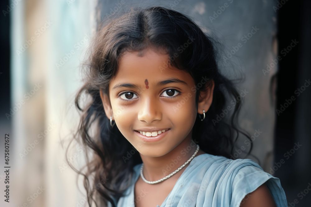 Bright Smile in Suburban Setting: Young Indian Girl Cheerfully Facing the Camera in the Indian Suburbs Bright Smile in Suburban Setting: Young Indian Girl Cheerfully Facing the Camera in the Indian Suburbs