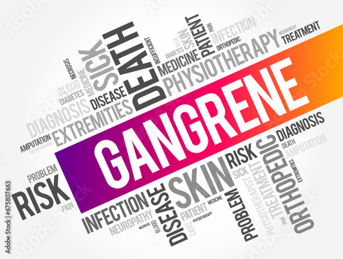 Gangrene is death of body tissue due to a lack of blood flow or a serious bacterial infection, word cloud concept background