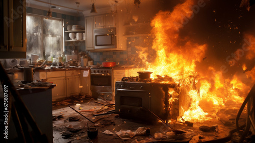 厨房での突然の事故火災GenerativeAI photo