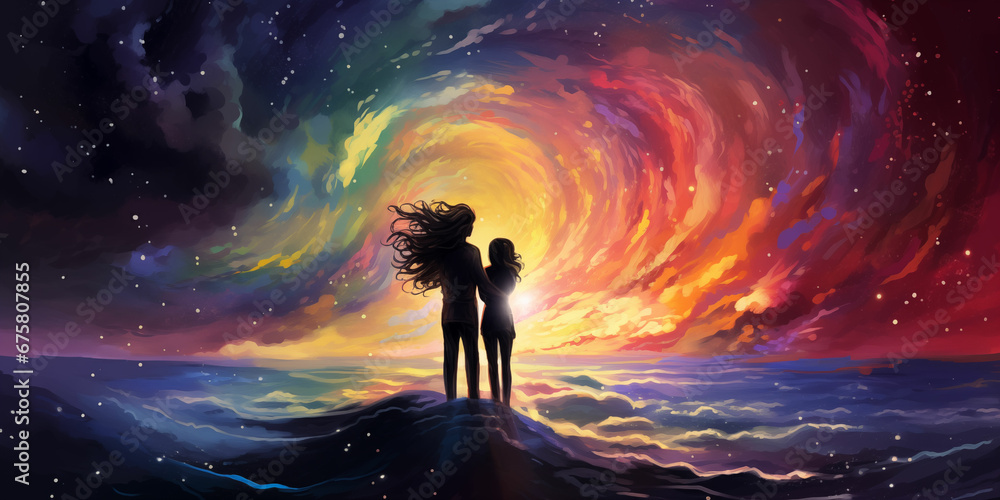 Starry Night Sky Illustration with a Happy Couple in Love Amidst the Storm, Worldly Atmosphere of Big Wanderlust