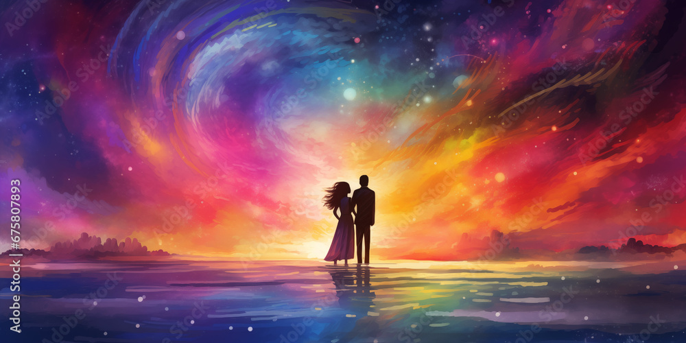 A Loving Couple Under the Starry Sky Amidst a Storm: A Beautiful Illustration Set Against the Backdrop of a Big Wintry Wonderland