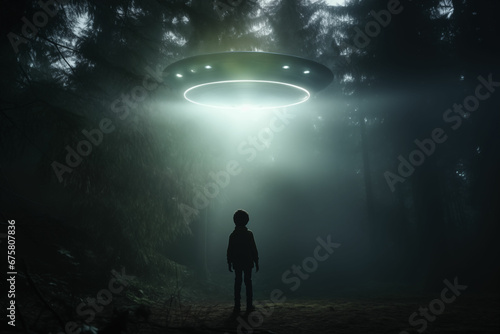 Child Abducted by a UFO in a Mystical Forest, Being Surrounded by Atmospheric Phenomena