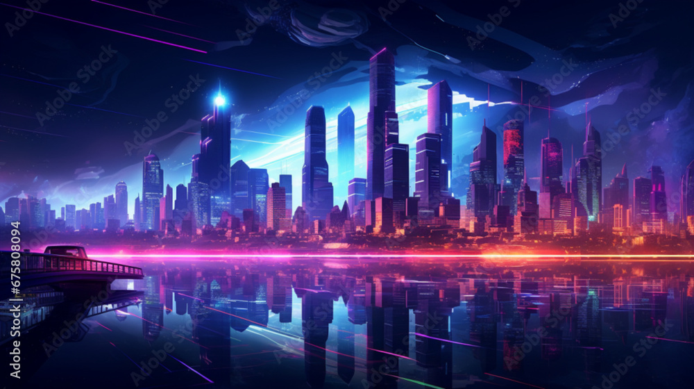 カラフルなネオンが輝く夜の街 サイバーパンク・スタイルGenerativeAI