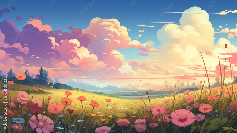 Expansive Field of Vibrant Summer Flowers Against Relaxing Sky - Perfect Digital Wallpaper