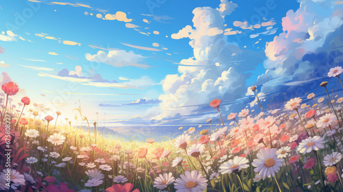 Tranquil Summer Landscape: An Expansive Field of Vibrant Flowers Under a Clear Sky, Ideal as a Relaxing Digital Wallpaper