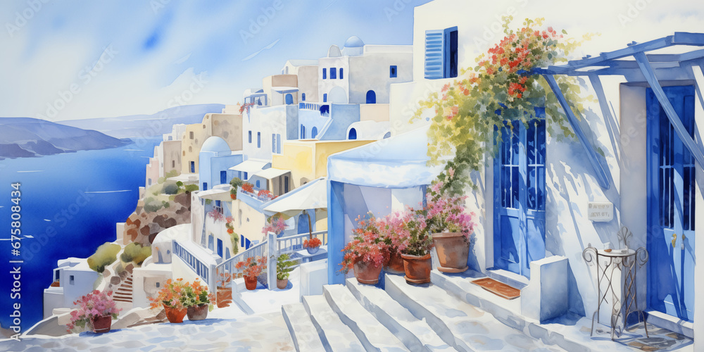 Watercolor Painting of Santorini Streets, Greece - Blend of Proven\u00e7al and Aegean Aesthetics - obrazy, fototapety, plakaty 