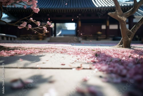 sakura detailing falling sakura petals the ground, Generative AI photo
