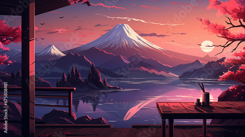 Relaxing Digital Art of Mount Fuji: A Wallpaper Illustration Embracing the Empty Space while Exuding a Chill Vibe