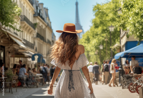 Solo Female Traveller Roaming Alone on Parisian Holiday, Dressed Casual with Wide-Brim Hat\u201d
