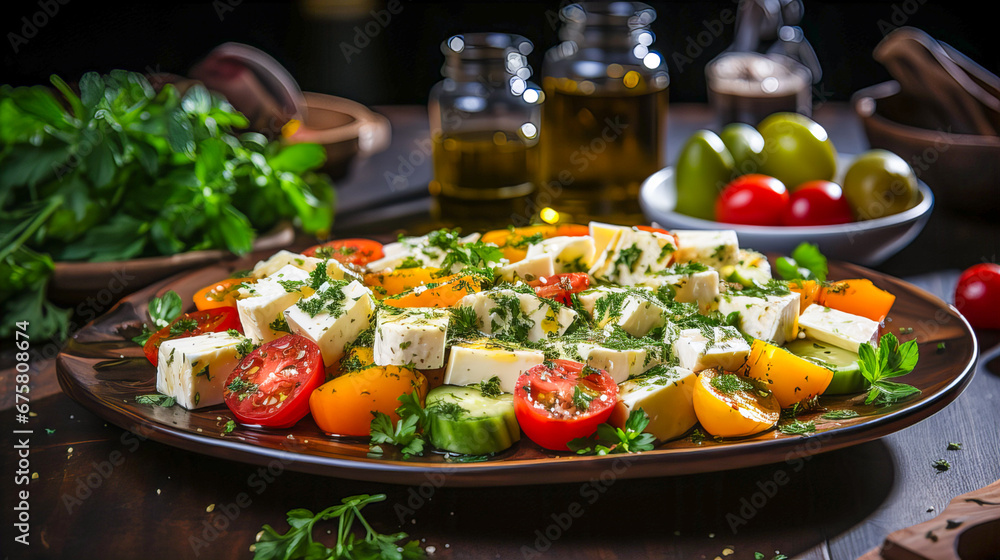Greek salad with feta cheese, cherry tomatoes and herbs on a black background. Healthy food concept. Generative AI technology.
