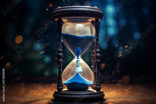 Eloquently Depicting Passing Time: A Close-up Hourglass with Crystals Running Quickly Symbolizing u2018Time Running Outu2019