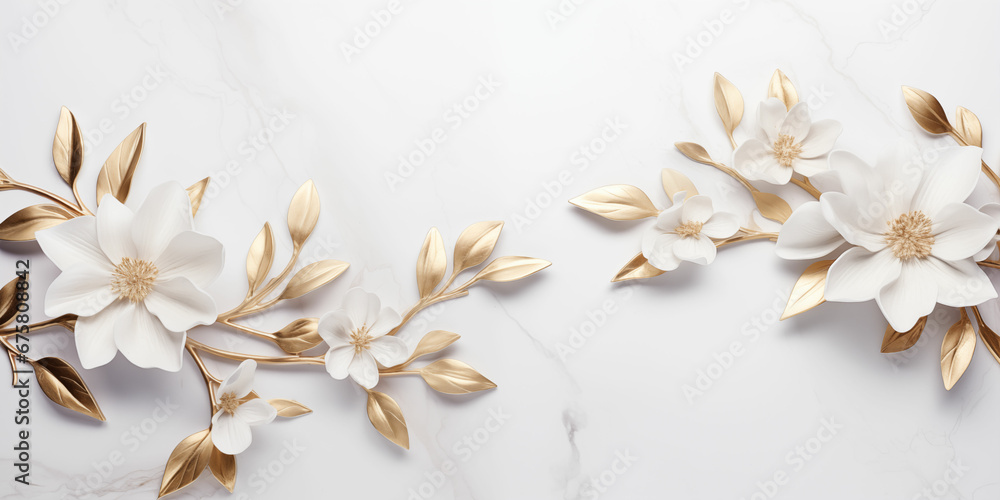 Elegant Display of White and Gold Flowers with Leaves on Pristine White Marble Texture - obrazy, fototapety, plakaty 