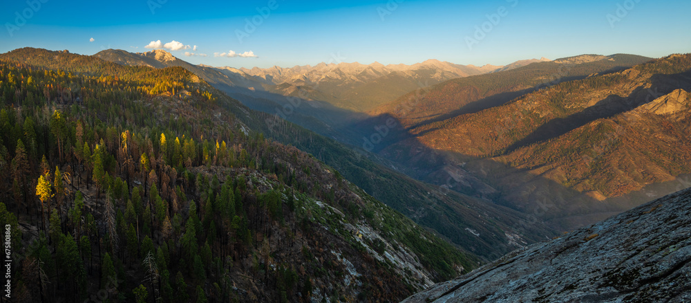 The Sierra Nevada mountains seen to the east of Moro Rock during sunset. 
