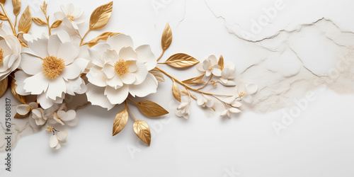 Elegant composition of white and gold flowers with leaves on a white marble texture background - Perfect for stylish designs. #675808817