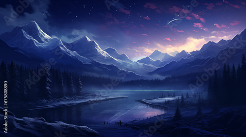 Immersive Winter Night View in the Mountains under a Starry Sky, Perfect Wallpaper For Relaxation and Peace © Fortis Design