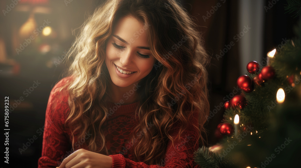 Joyful woman while preparing Christmas decorations. Generative AI