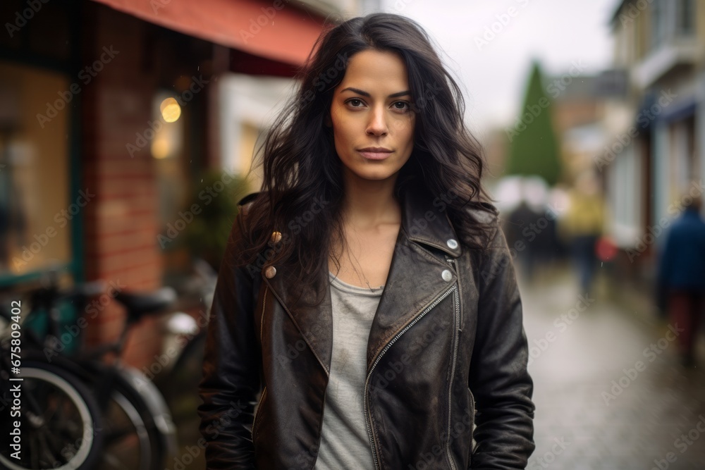 Portrait of a beautiful young brunette woman in a leather jacket on the street