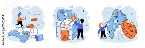 Gamefi vector illustration. Crypto powered gaming platforms in GameFi enable seamless in game transactions The GameFi metaphor represents paradigm shift in intersection gaming and finance Technology