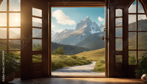 an open door leading to a mountain landscape. The door is made of wood and has a rustic look. The mountain landscape is in the background and shows tall mountains, green valleys, and a blue sky