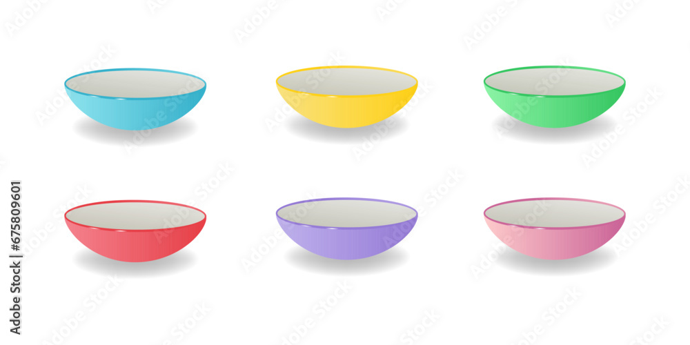 Collection of porcelain plates of different colors. White, green, pink, yellow, blue, black. A set of isolated objects. Realistic style