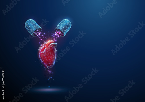 Abstract red human heart organ and opened blue medical capsule with falling particles Medical pharmacy concept. Low poly