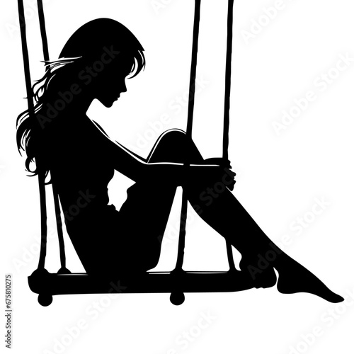 young girl sitting on the swing vector silhouette illustration black color white background