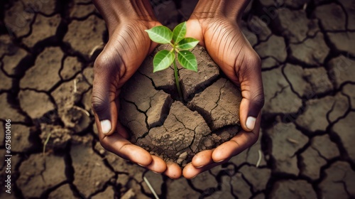 hands holding a seedling, background of drought land cracked
