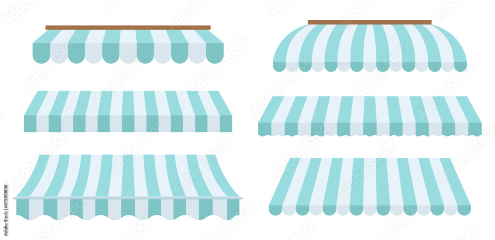 Set of striped canopies for stores, restaurants and cafes, market tents. Vector illustration - obrazy, fototapety, plakaty 