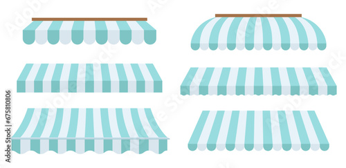Set of striped canopies for stores, restaurants and cafes, market tents. Vector illustration