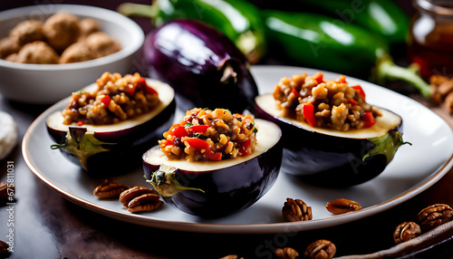 eggplants stuffed with walnuts and red peppers on a white plate. The eggplants are cut in half and have been scooped out, with the walnut and pepper stuffing placed inside