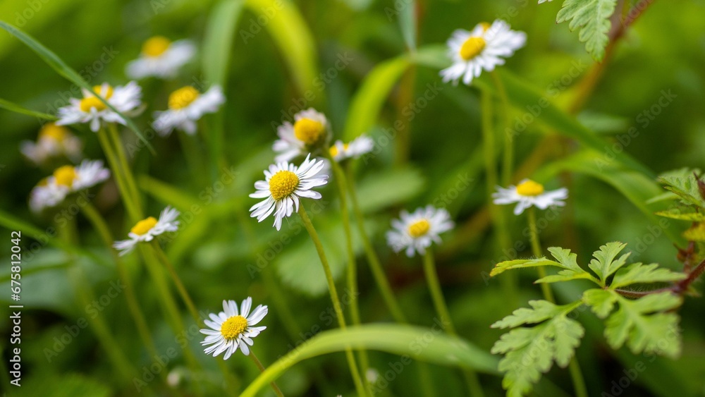 Field of daisies growing amongst green grass and foliage. Field of daisies growing amongst green grass and foliage.