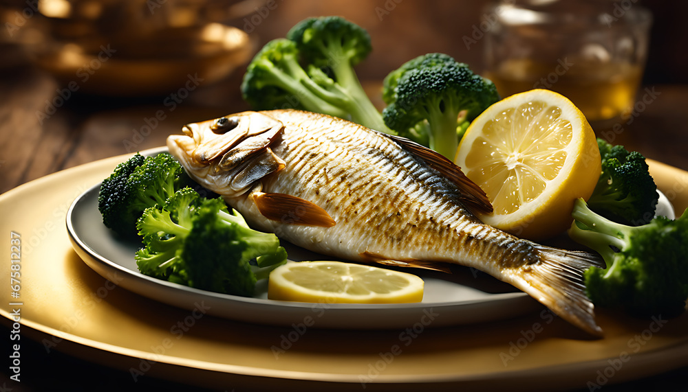 plate of fish, lemon slices, and broccoli The fish is cooked and has a golden brown color. The lemon slices are yellow and have a puckered texture. The broccoli is green and has small florets. 