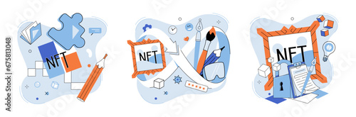 NFT vector illustration. The concept nonfungible tokens has expanded beyond art and collectibles, encompassing virtual real estate and virtual goods Investing in cryptocurrencies requires deep