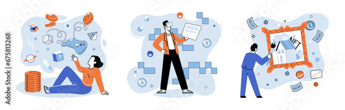 Digital asset vector illustration. Economic growth in digital age is closely tied to management and utilization digital assets Digital assets provide new avenue for investment and wealth accumulation