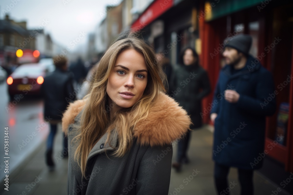 Portrait of a beautiful young woman with blond hair, wearing a grey coat, standing in the street, looking at the camera.