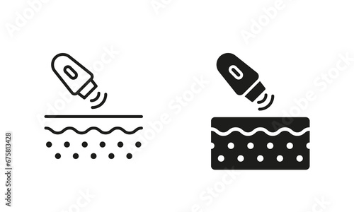 Laser Treatment for Skin, Aesthetic Cosmetic Procedure. Dermatology Beauty Therapy for Skin Line and Silhouette Black Icon Set. Facial Hair Removal Symbol Collection. Isolated Vector Illustration