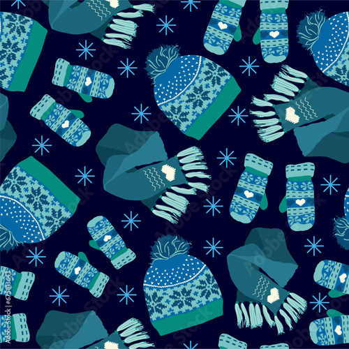 Seamless vector knitted winter hat, mittens, scarf pattern. Stylish fashion garment background for fabric.