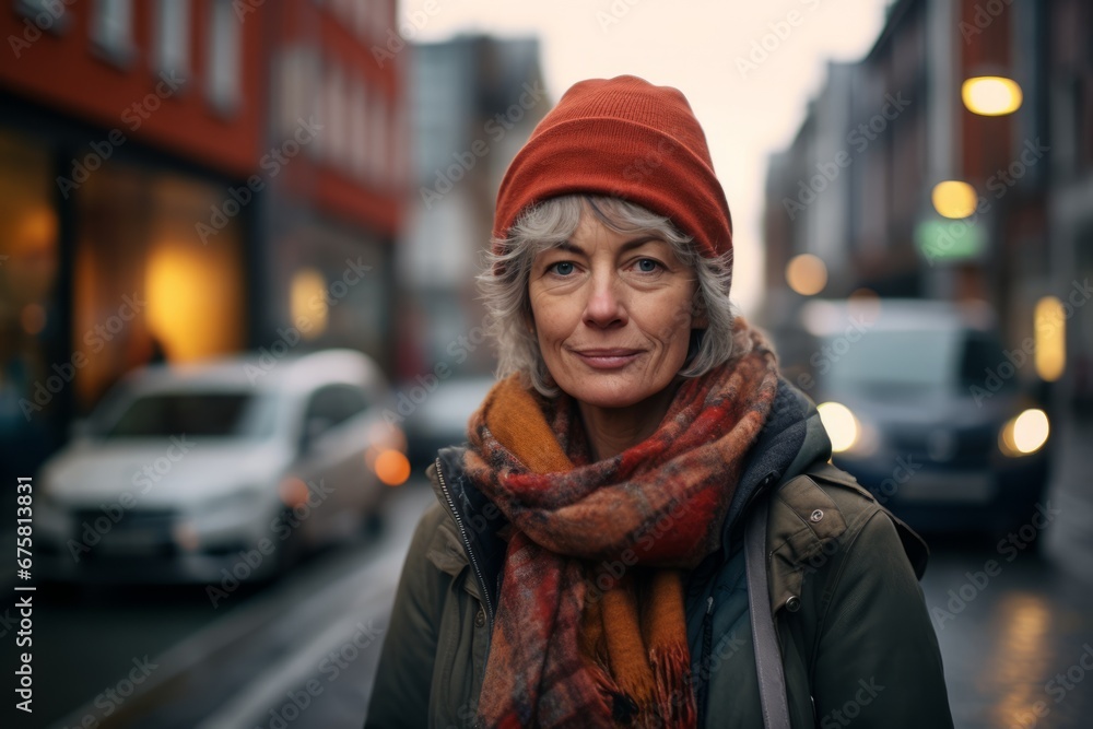 Portrait of a senior woman in a hat and scarf in the city Portrait of a senior woman in a hat and scarf in the city