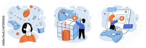 Play to earn vector illustration. The play to earn metaphor reflects idea that gaming can be lucrative avenue for making money Technology advancements have facilitated seamless integration Technology