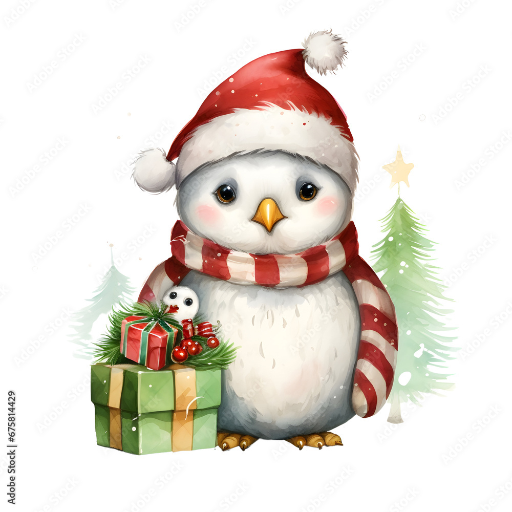 Charming cartoon penguin dressed for Christmas, white background Charming cartoon penguin dressed for Christmas, white background