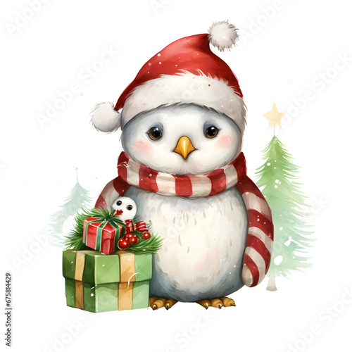 Charming cartoon penguin dressed for Christmas, white background