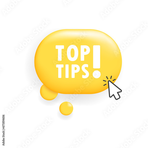 Top tips button. Flat, yellow, cursor on button, top tips sign. Vector icon