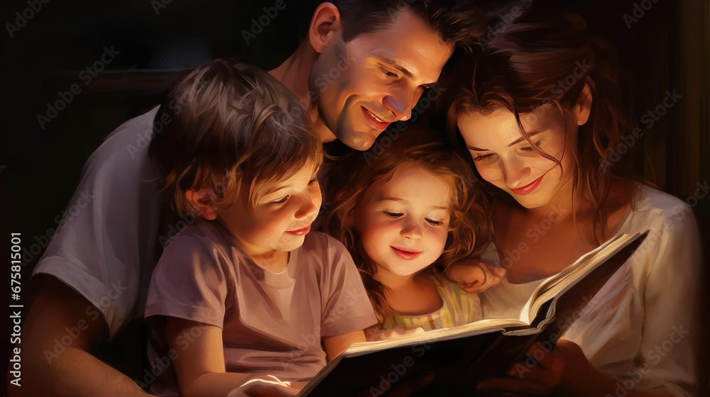 Family with children reading a book