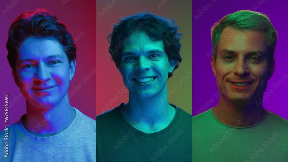 Multi Screen of Happy Portraits of Young Men Looking at Camera and Smiling Together in Neon Colour Light. Multiscreen Shot of Age Split in Different White People. Composite Shoot of Various Male Human Multi Screen of Happy Portraits of Young Men Looking at Camera and Smiling Together in Neon Colour Light. Multiscreen Shot of Age Split in Different White People. Composite Shoot of Various Male Human