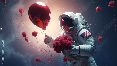 Man Astronaut giving Woman Astronaut a bouquet of red roses © Left