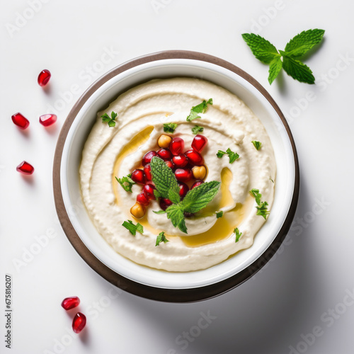 Classic hummus with herbs, olive oil in a vintage ceramic bowl flat lay