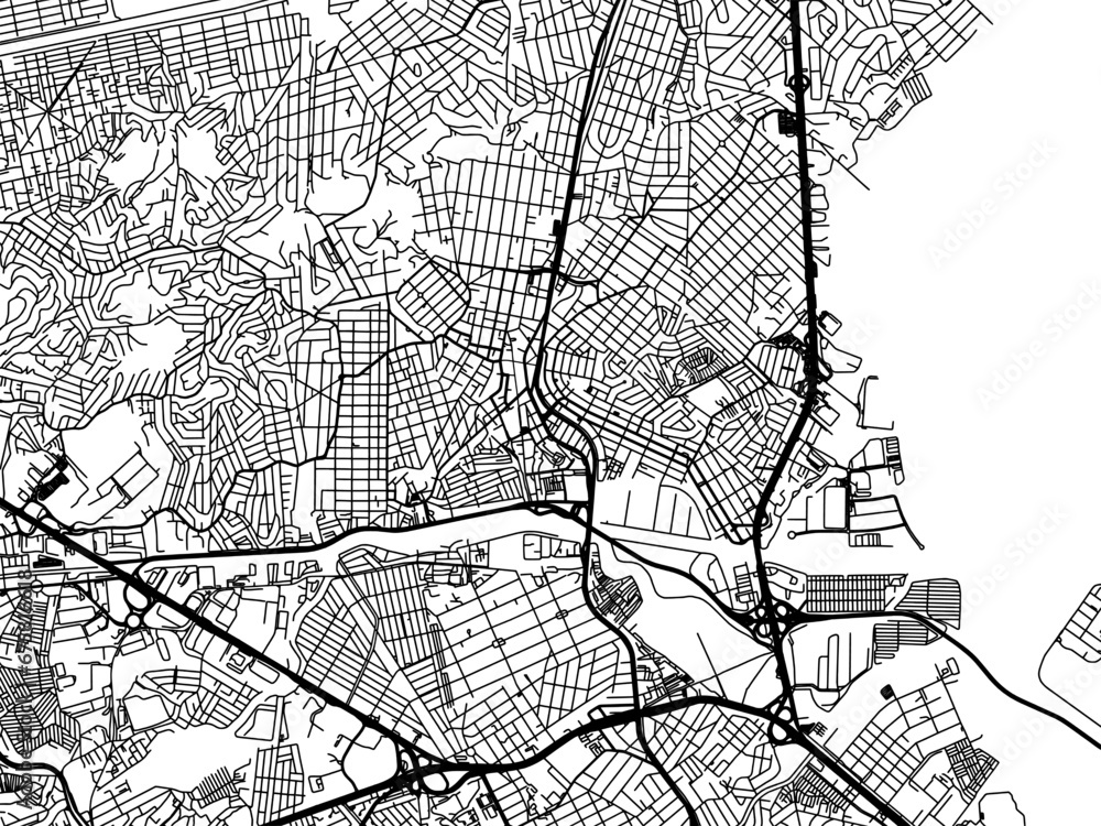 Vector road map of the city of Duque de Caxias in Brazil with black roads on a white background.