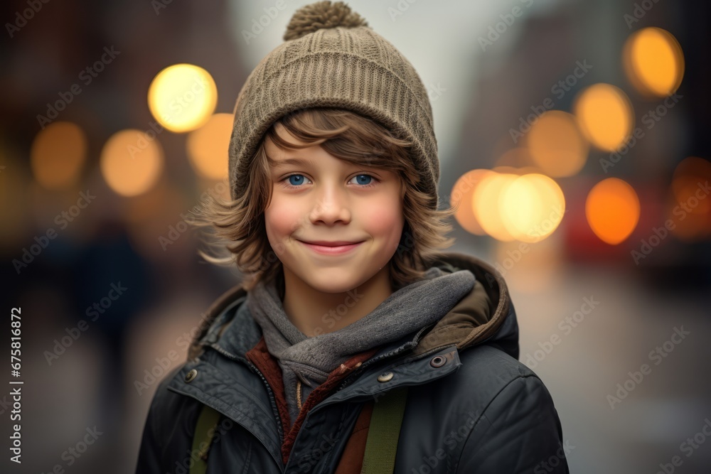 Portrait of a smiling boy in a hat and coat on the street. Portrait of a smiling boy in a hat and coat on the street.