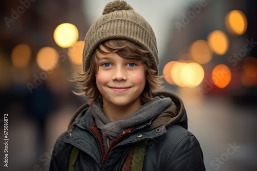 Portrait of a smiling boy in a hat and coat on the street. © Nerea