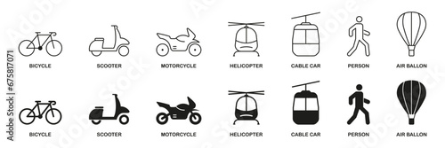 Traffic Sign Collection. Vehicle Symbols, Transportation Modes Line and Silhouette Icon Set. Pedestrian, Helicopter, Bike, Motorcycle, Moped, Cable Car Pictogram. Isolated Vector Illustration